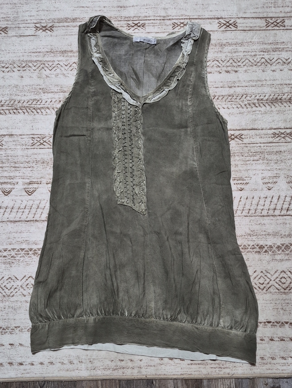 Miillo Olive Sleeveless V-Neck with Lace Placket